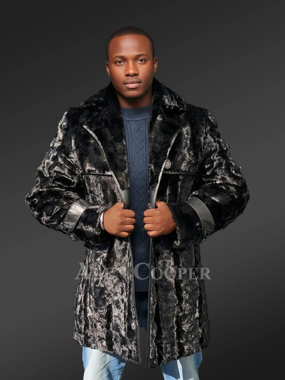 Men Mink Long Coat in Black