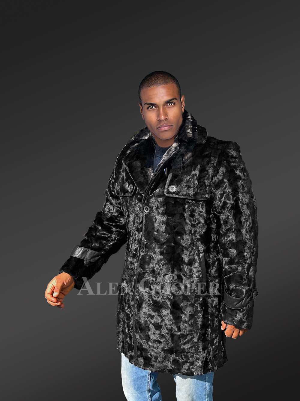 Men Mink Long Coat in Black - Image 5