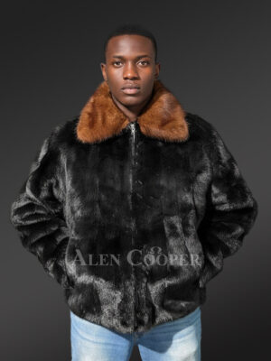 Men’s Mink Fur Bomber Coat with Double Mink Collar