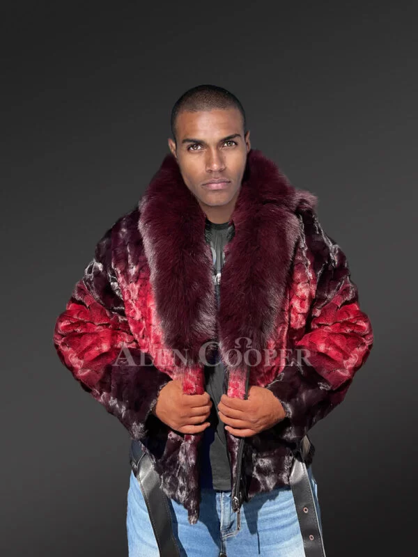 Men Mink Fur Coat with Hood in Burgundy Is an Out-Of-The-Box Outfit - Image 2