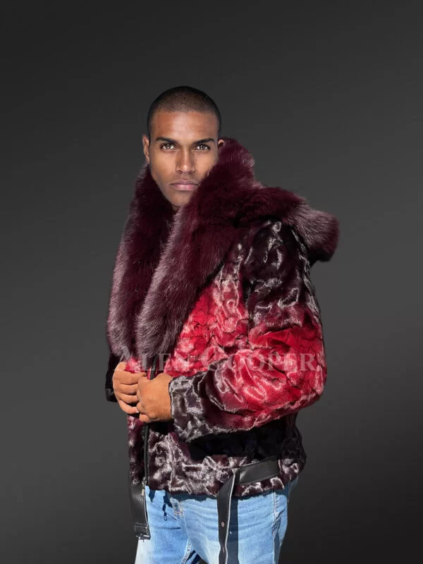 Men Mink Fur Coat with Hood in Burgundy Is an Out-Of-The-Box Outfit - Image 3