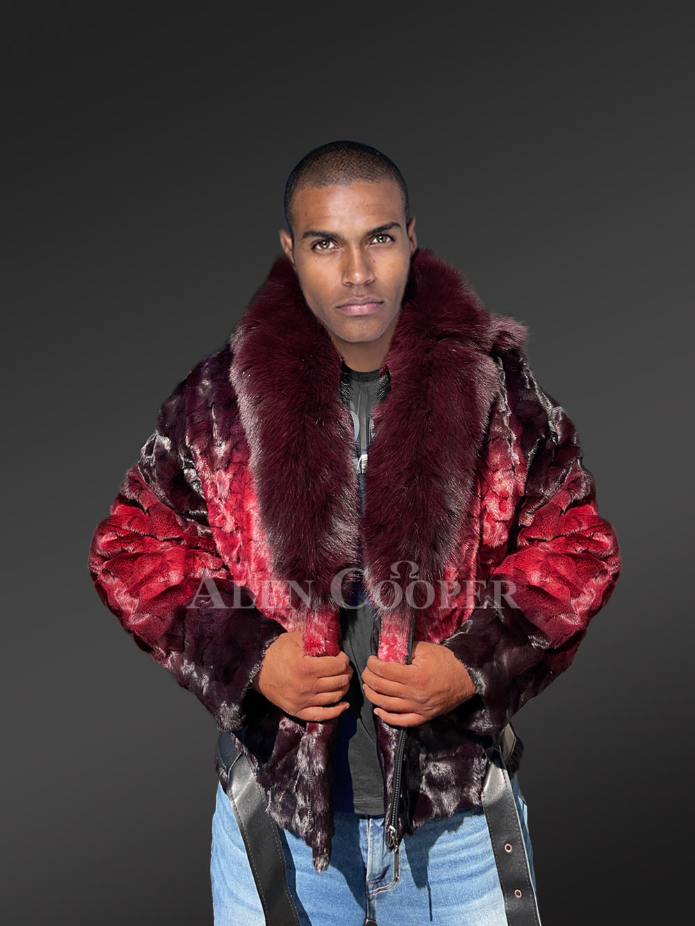Men Mink Fur Coat With Hood in Burgundy