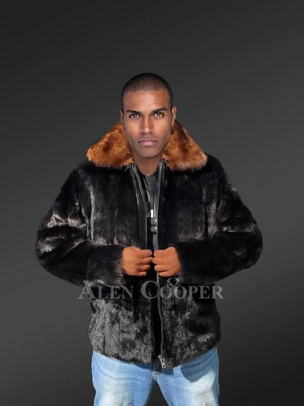 Men’s Mink Fur Bomber Coat with Double Mink Collar - Image 4