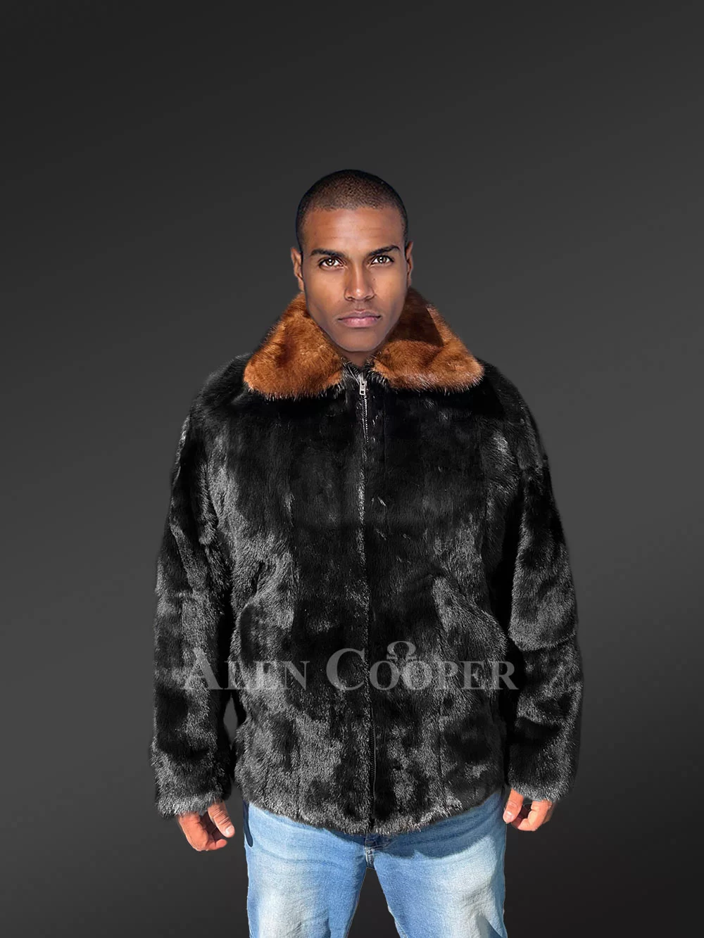 Alen Cooper Mink Fur Bomber Jacket with Hood for Men