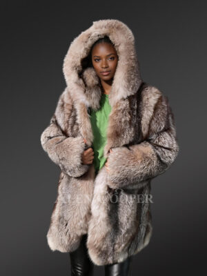 Women Fox Fur Long Coat with Crystal Effect