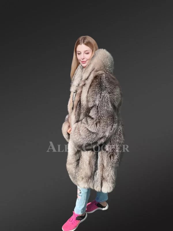Women Fox Fur Long Coat with Crystal Effect - Image 6