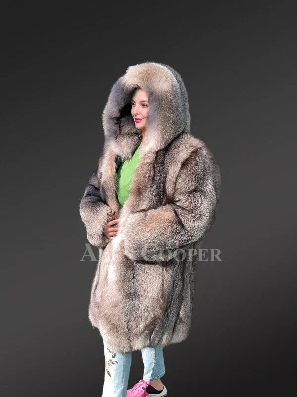 Women Fox Fur Long Coat with Crystal Effect - Image 2