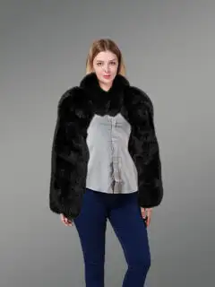 Full Skin Fox Fur Collar and Sleeve Black