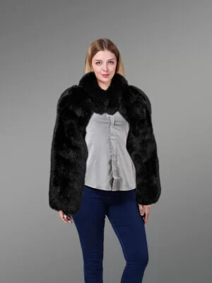 Full Skin Fox Fur Collar and Sleeve Black