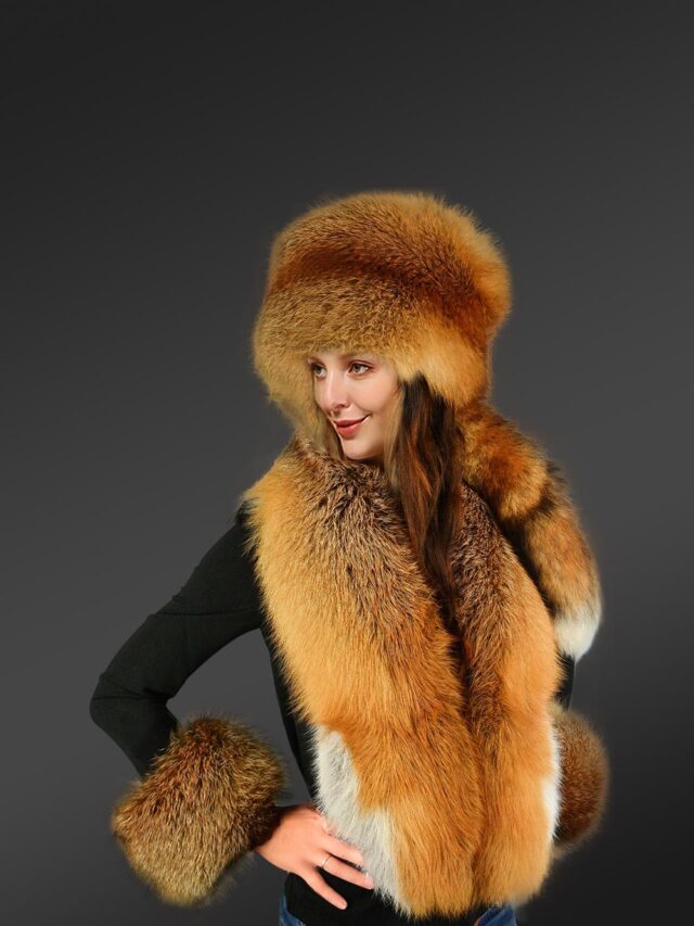 Fox Fur Stylish Scarf with Hat and Wristband