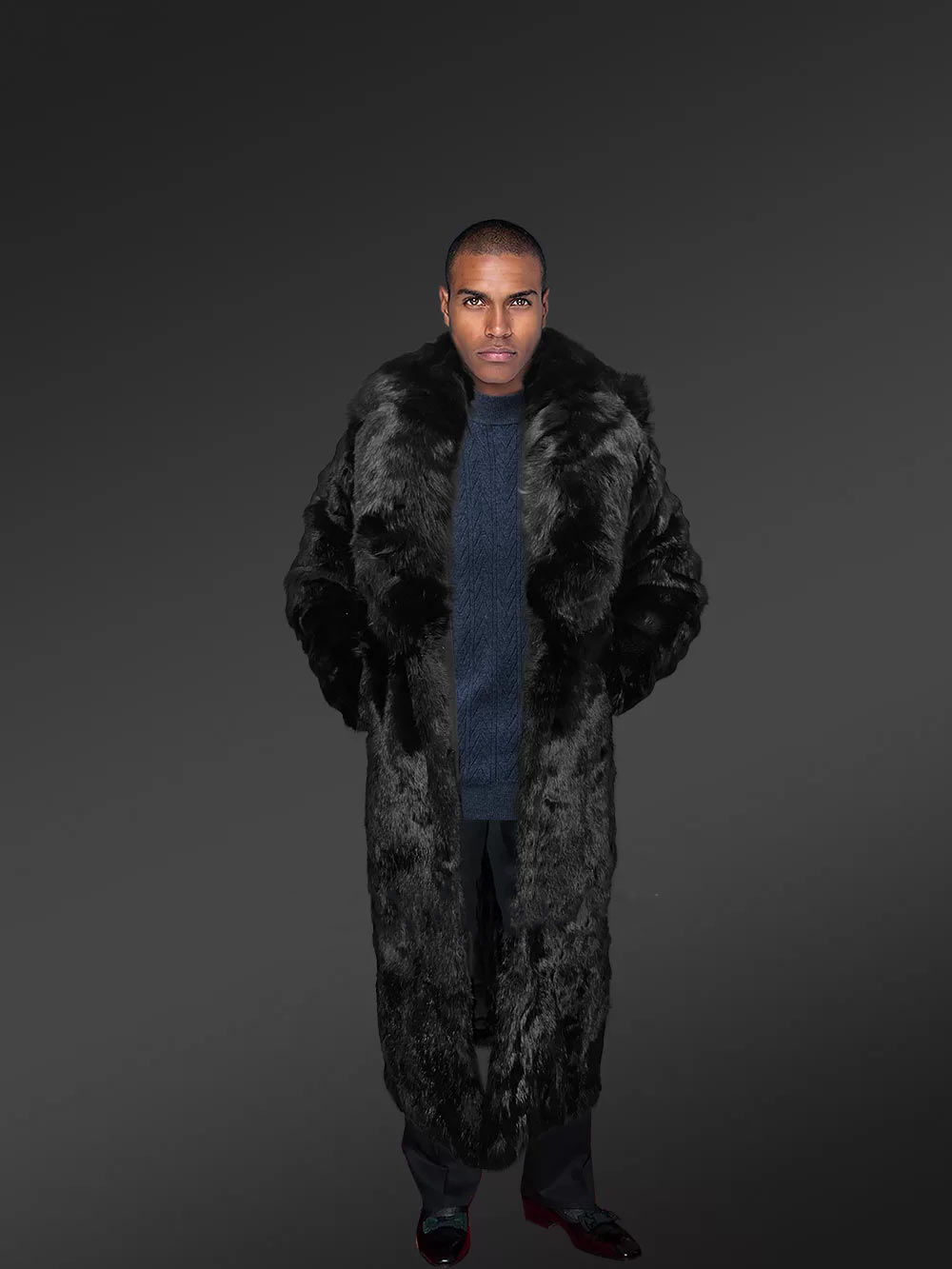 Long Black Rabbit Fur Coat with a Hood