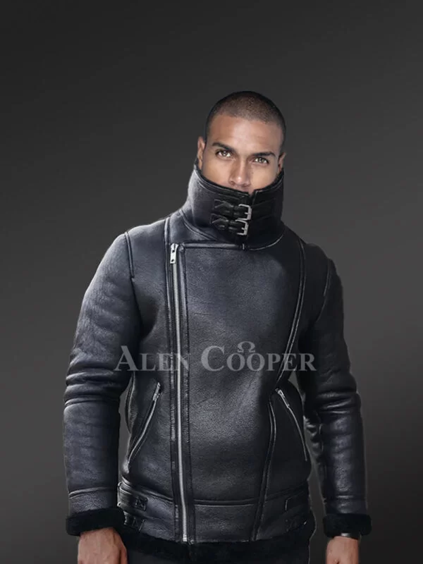 Sheepskin Shearling Jacket for Men in Black - Image 2