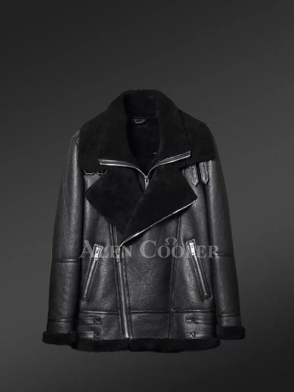 Sheepskin Shearling Jacket for Men in Black - Image 4