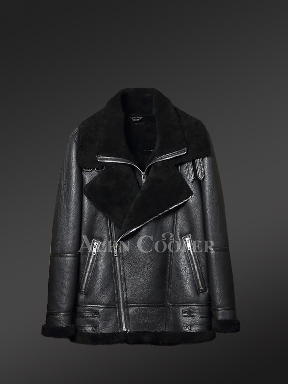 Sheepskin Shearling Jacket for Men in Black - Image 4