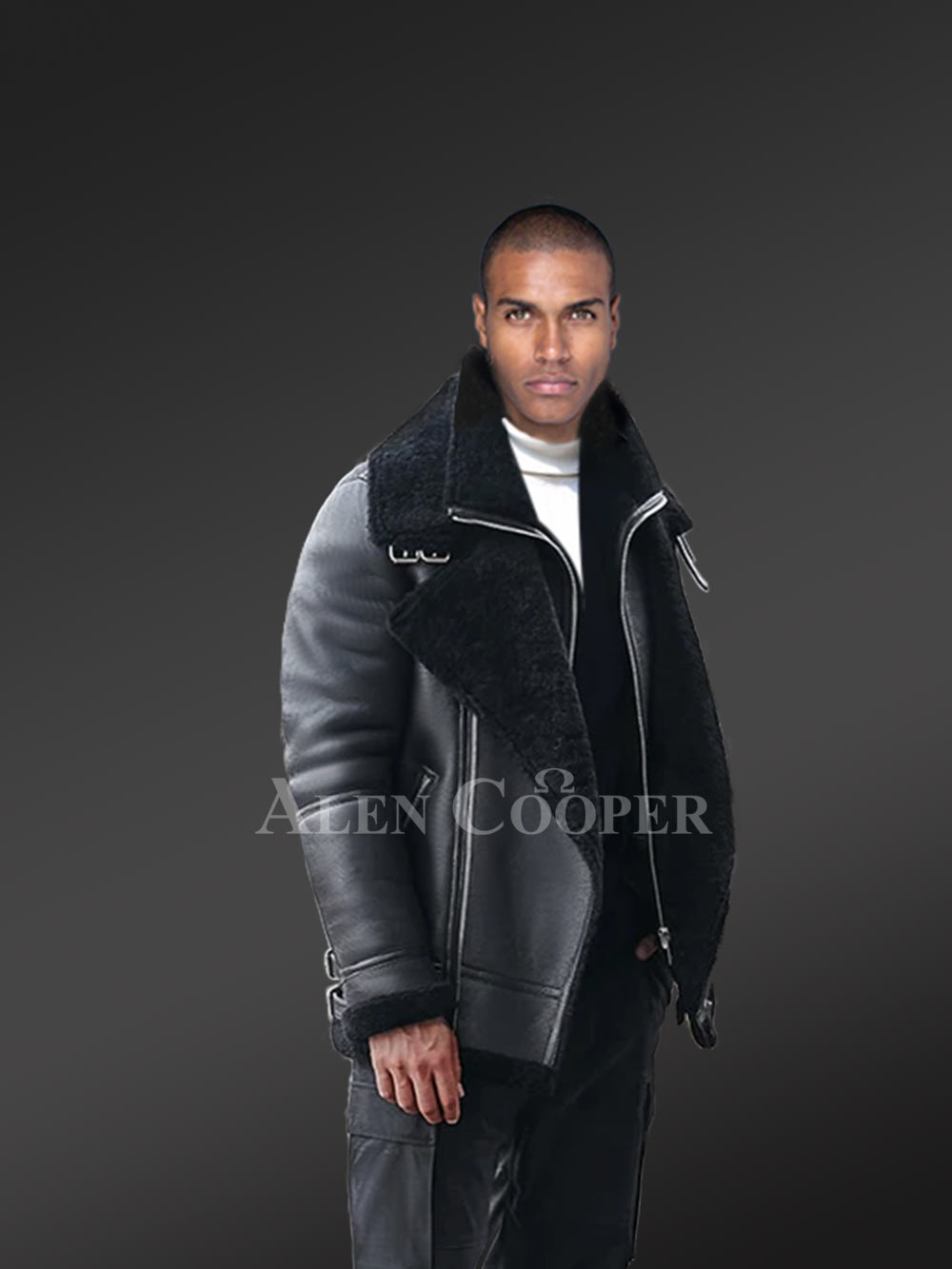 Sheepskin Shearling Jacket for Men in Black - Image 3