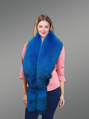 Real Fox Fur Collar Scarf in Blue