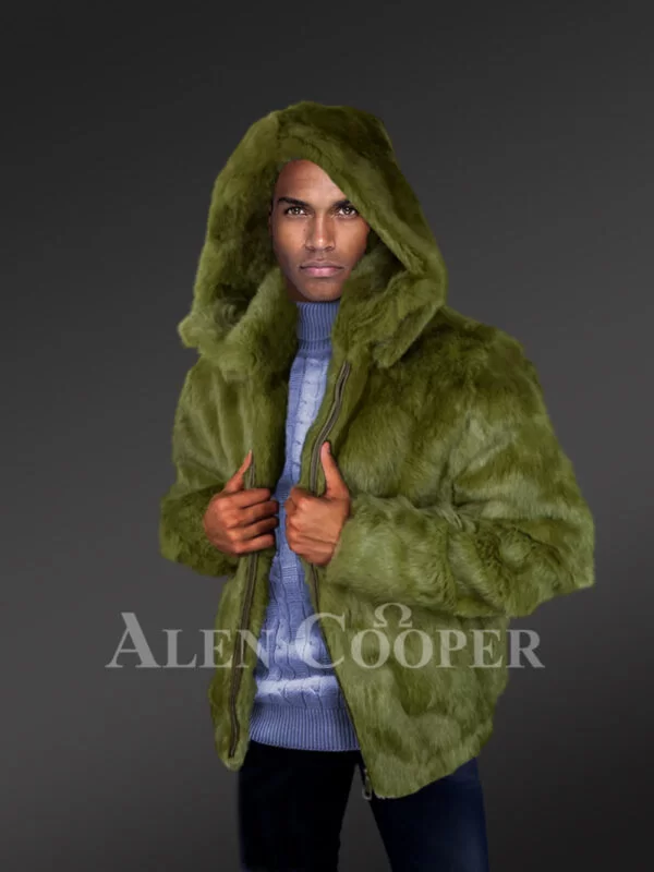 Men’s Authentic Rabbit Fur Coat in Olive - Image 3