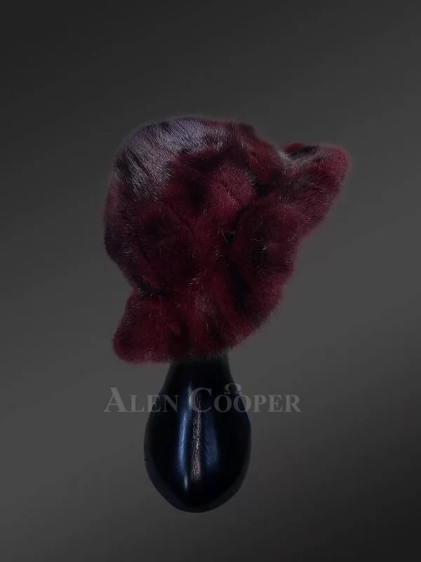 Mink Fur Cap in Burgundy for Women - Image 2