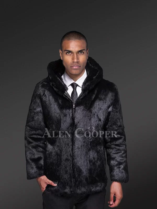 Men’s Authentic Rabbit Fur Coat in Black with Hood - Image 2