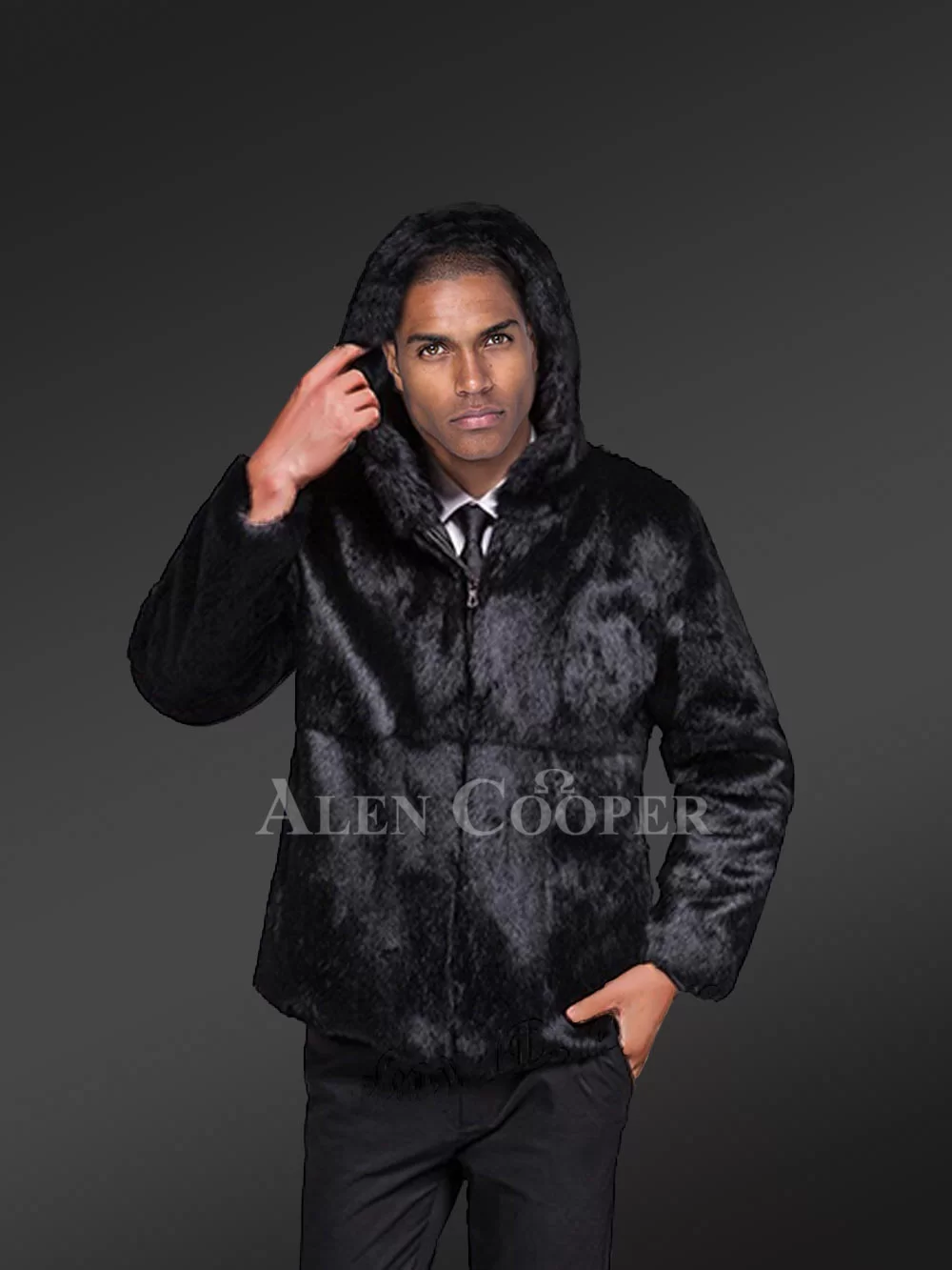 Alen Cooper Women Rabbit Fur Bomber in Navy