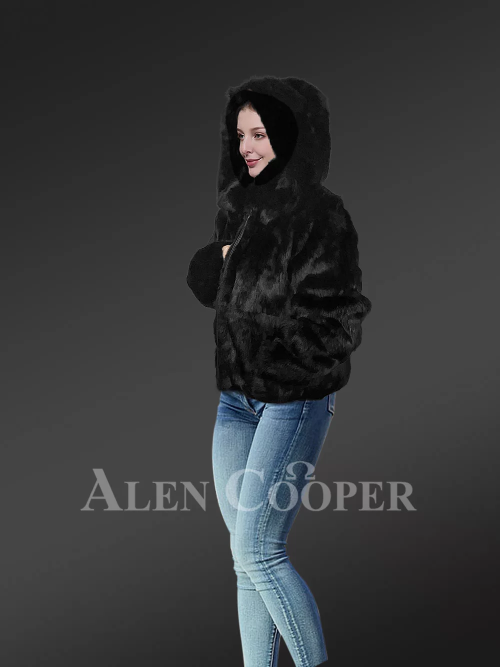 Alen Cooper Women Rabbit Fur Bomber in Navy