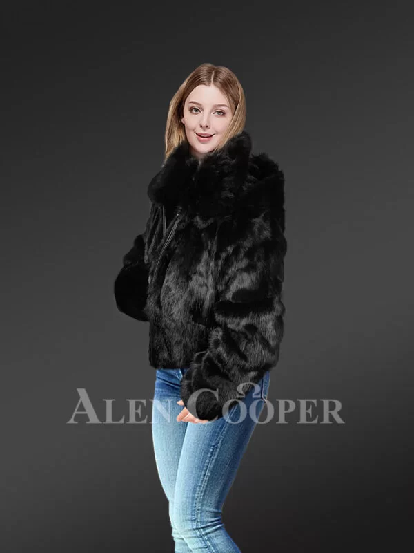 Women’s Authentic Rabbit Fur Bomber Jacket in Black - Image 3