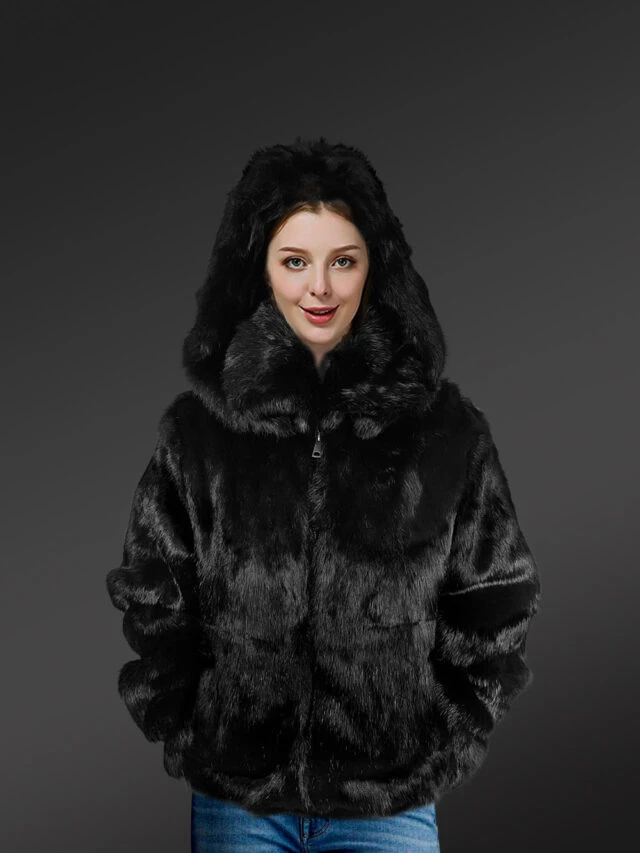 Women’s Authentic Rabbit Fur Bomber Jacket in Black
