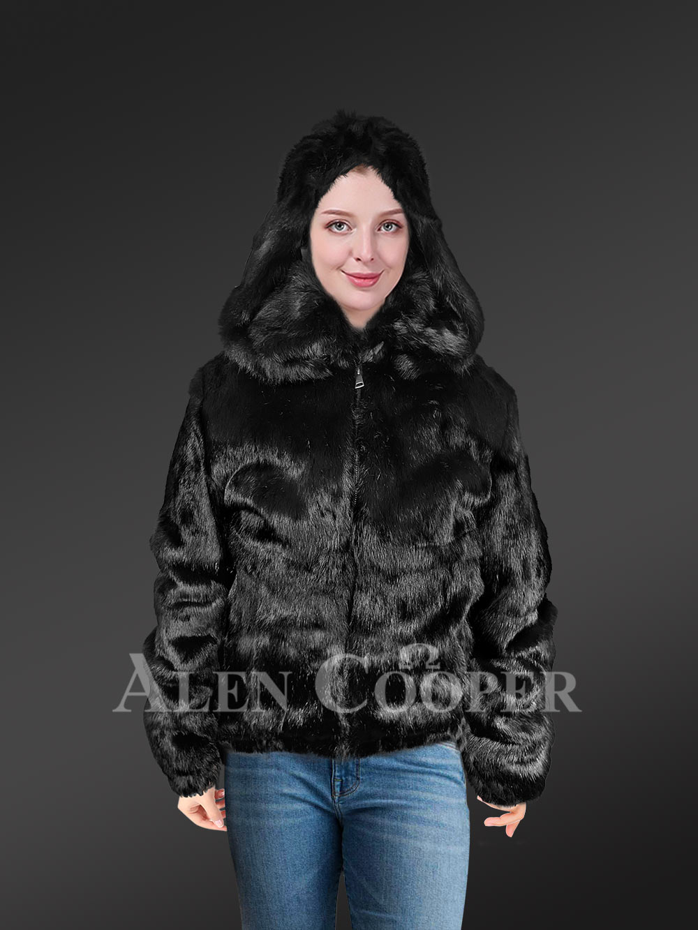 Rabbit Fur Bomber Jacket in Black