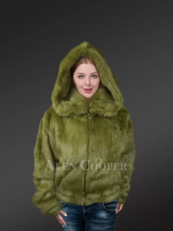 Women’s Authentic Rabbit Fur Bomber Jacket in Olive - Image 4