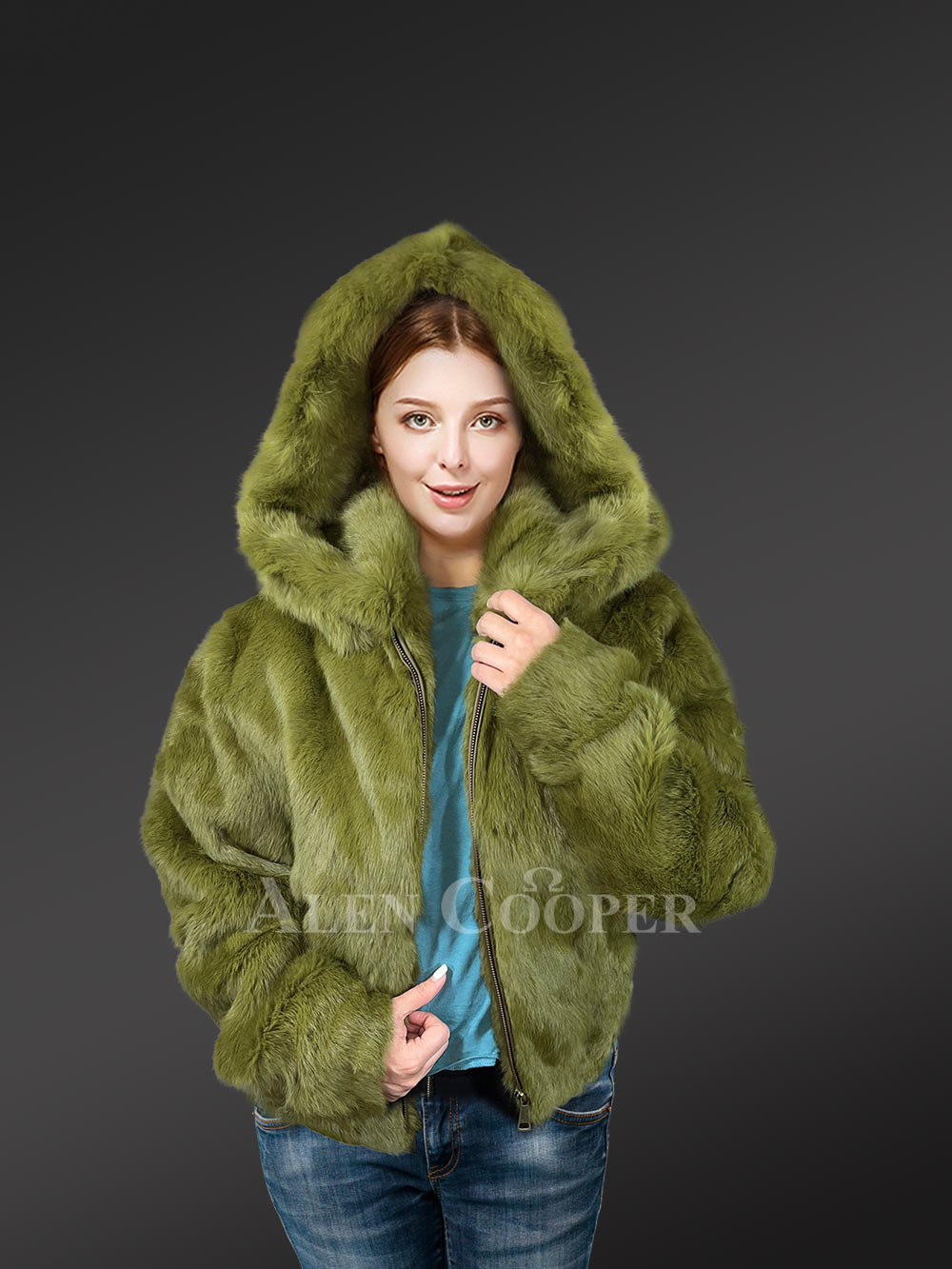 Women’s Authentic Rabbit Fur Bomber Jacket in Olive - Image 5