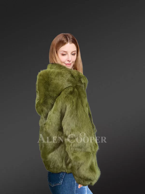 Women’s Authentic Rabbit Fur Bomber Jacket in Olive - Image 6