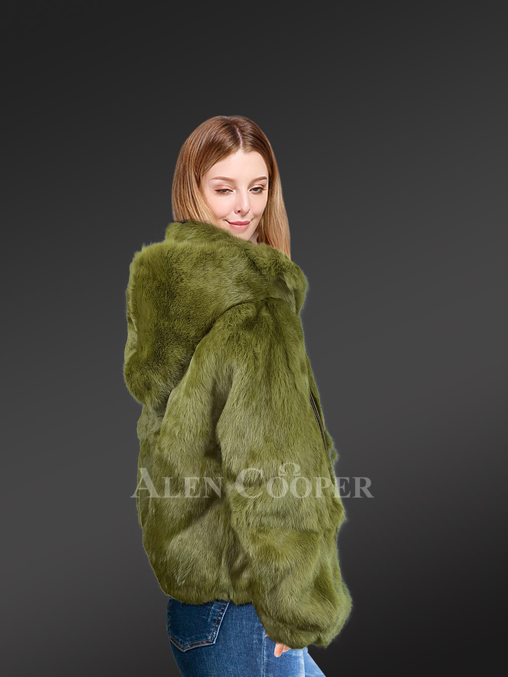 Women’s Authentic Rabbit Fur Bomber Jacket in Olive - Image 6