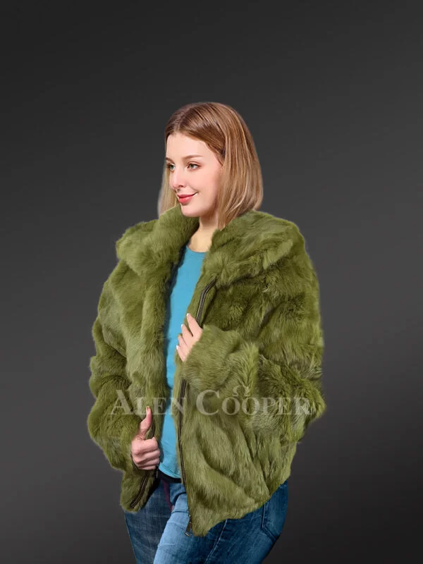 Women’s Authentic Rabbit Fur Bomber Jacket in Olive - Image 3