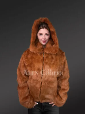 Rabbit Fur Bomber with Hood for Women