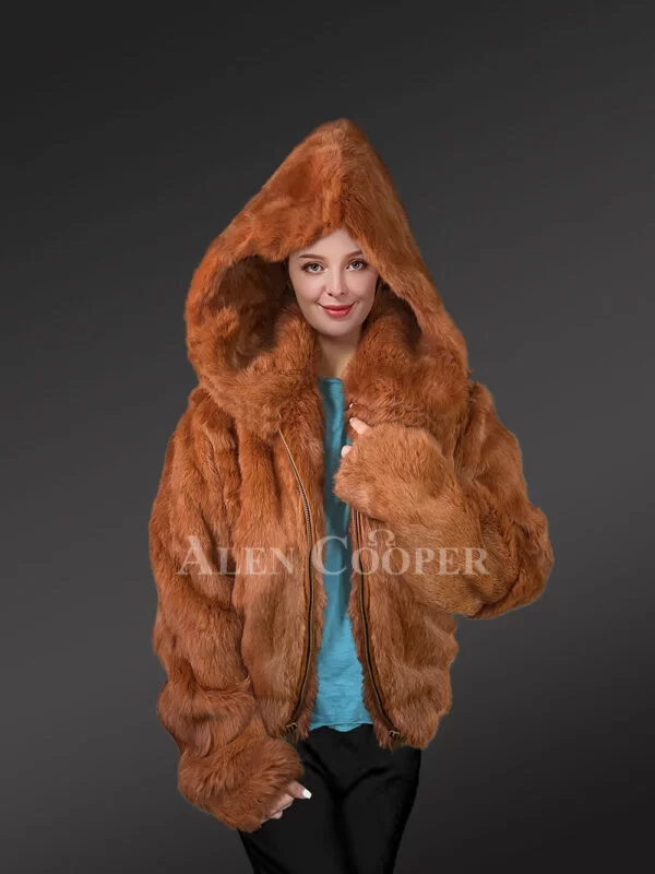 Women’s Authentic Rabbit Fur Bomber Jacket in Tan - Image 2
