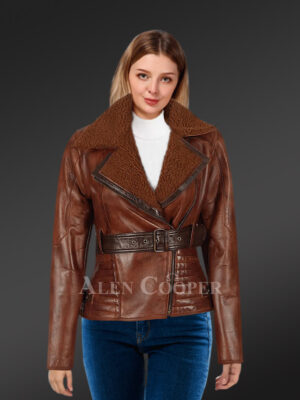 Shearling Biker Women Jacket with a Waist Belt