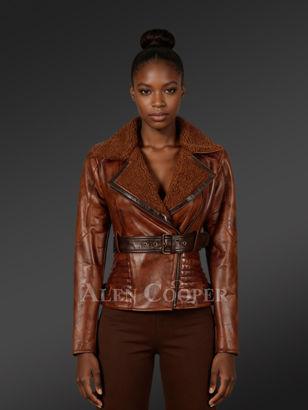 Shearling Biker Women Jacket with a Waist Belt