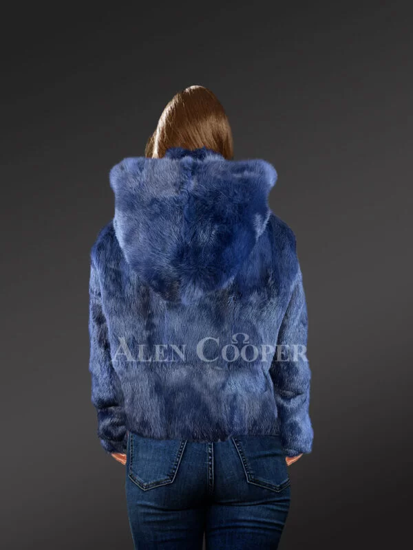 Navy Blue Rabbit Fur Jacket with a Hood for Women - Image 5