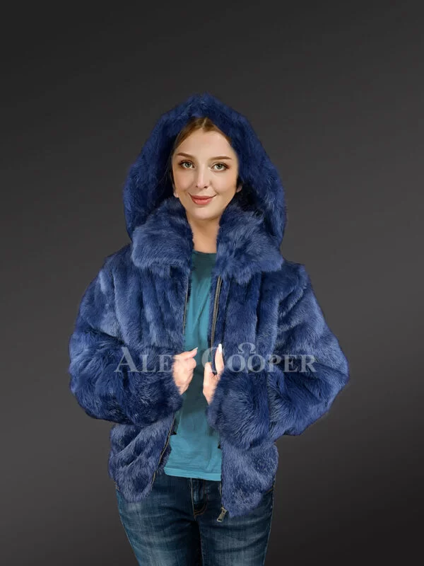 Navy Blue Rabbit Fur Jacket with a Hood for Women - Image 4