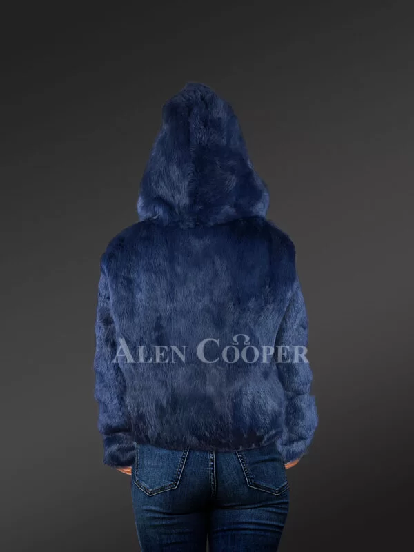 Navy Blue Rabbit Fur Jacket with a Hood for Women - Image 7