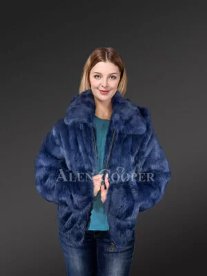 Women Rabbit Fur Bomber in Navy