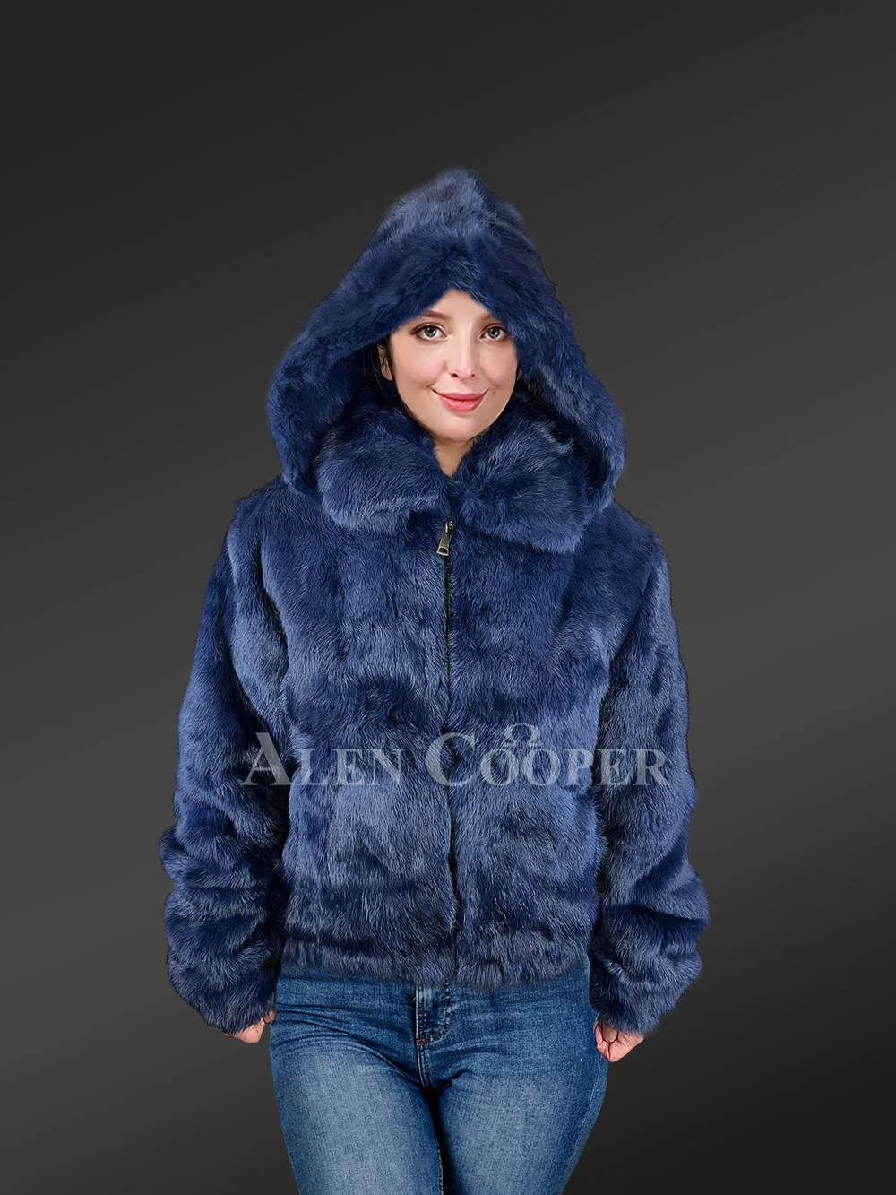 Alen Cooper Women Rabbit Fur Bomber in Navy