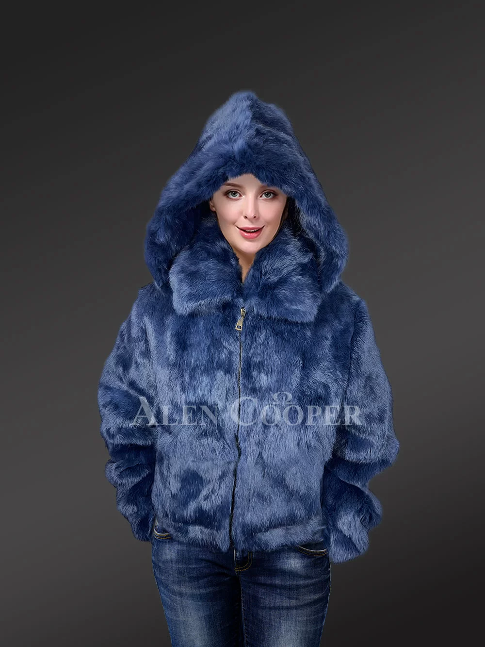 Alen Cooper Women Rabbit Fur Bomber in Navy