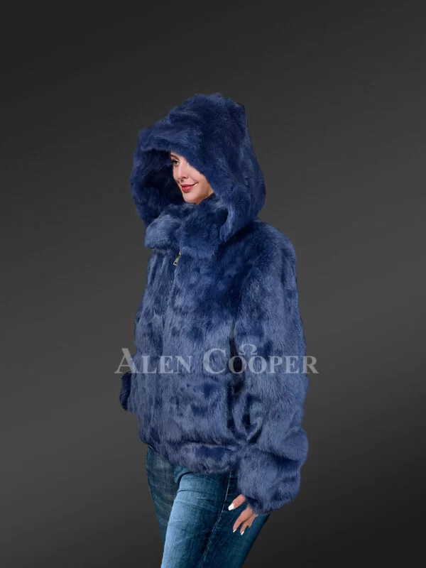 Navy Blue Rabbit Fur Jacket with a Hood for Women - Image 6