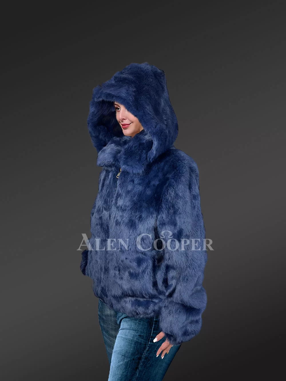 Frances Navy Rabbit Fur Bomber Jacket with Hood