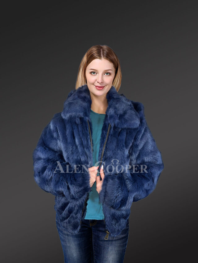 Women Rabbit Fur Bomber in Navy