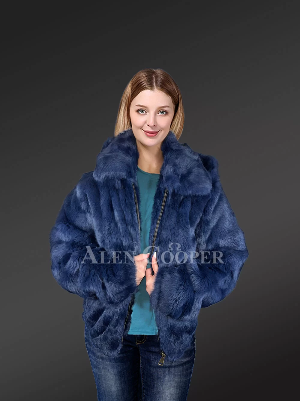 Frances Navy Rabbit Fur Bomber Jacket with Hood