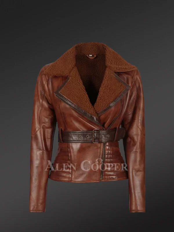 Shearling Biker Women Jacket with a Waist Belt - Image 2