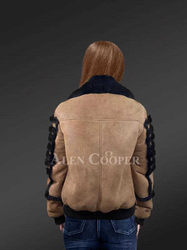 Women’s Light Tan Sheepskin Shearling Bomber Jacket Front-open Zipper - Image 3