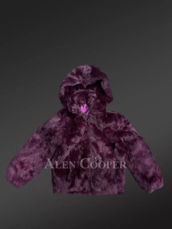 Purple Rabbit Fur Bomber Jacket with a Hood for Kids - Image 2